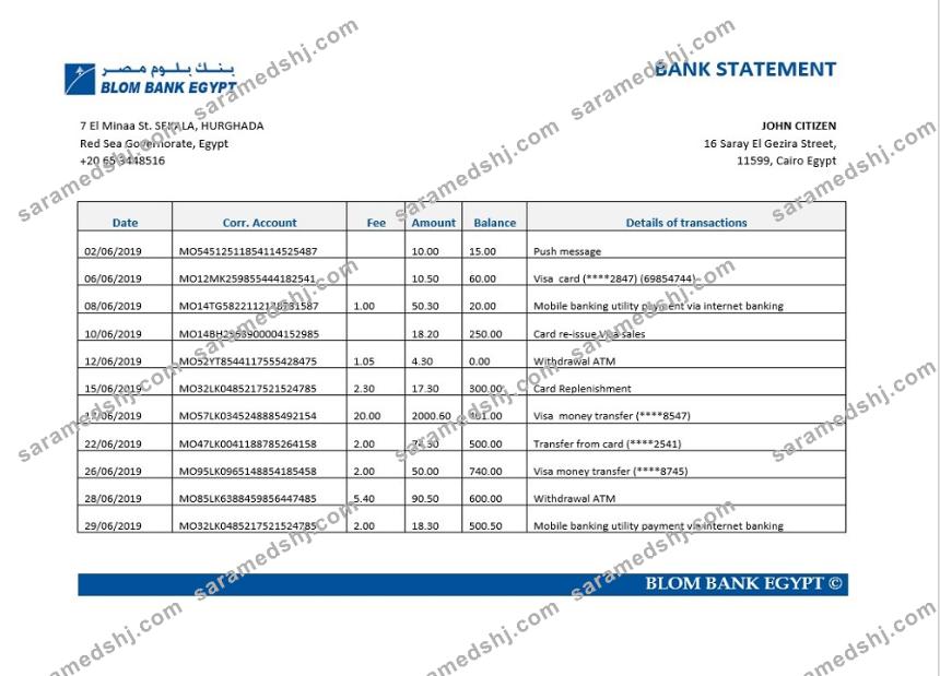 Egypt Blom Bank statement